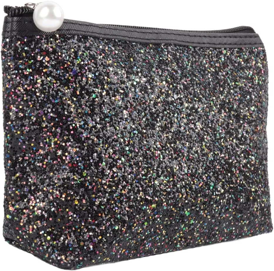 RIAH FASHION Pouch Clutch Organizer Bag - Travel Cosmetic Makeup Toiletry Jewelry Cute Sequin Purse Adjustable Strap (Glitter Cosmetic Zip Bag - Black)