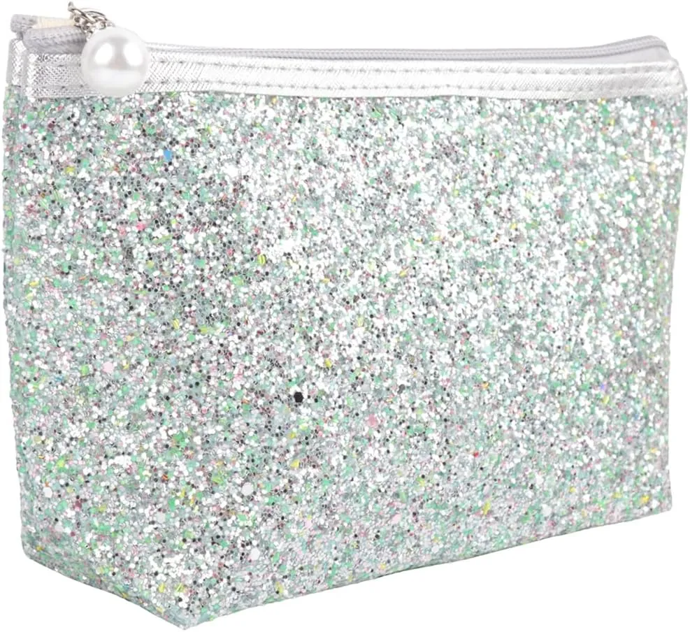 RIAH FASHION Pouch Clutch Organizer Bag - Travel Cosmetic Makeup Toiletry Jewelry Cute Sequin Purse Adjustable Strap (Glitter Cosmetic Zip Bag - White)