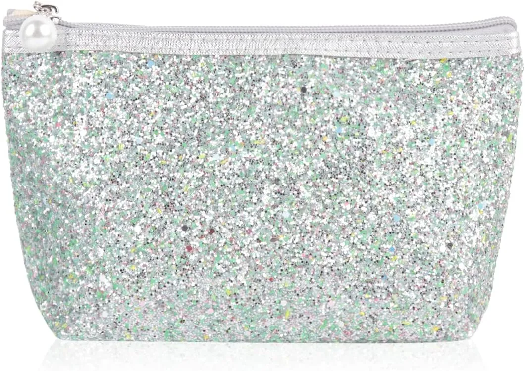 RIAH FASHION Pouch Clutch Organizer Bag - Travel Cosmetic Makeup Toiletry Jewelry Cute Sequin Purse Adjustable Strap (Glitter Cosmetic Zip Bag - White)