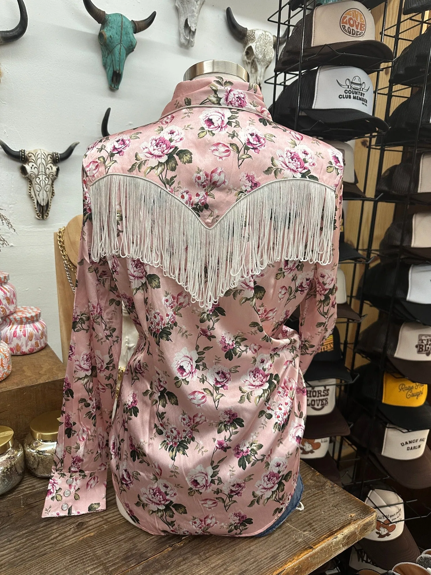 Rose of My Heart Fringe Satin Floral Print Pearl Snap Button Up Blouse (DS)