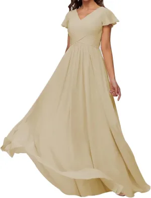 Ruffle Sleeve Prom Dresses V Neck Juniors Bridesmaid Dress Pleated Chiffon Formal Evening Maxi Gowns EZ136