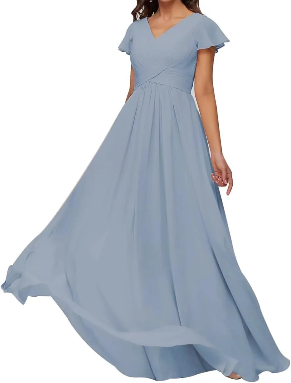 Ruffle Sleeve Prom Dresses V Neck Juniors Bridesmaid Dress Pleated Chiffon Formal Evening Maxi Gowns EZ136