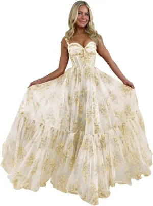 Ruffly Floral Chiffon Prom Dresses 2025 for Teens Sweetheart Corset Straps Formal Evening Party Gown