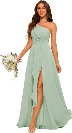 Sage Green Chiffon Bridesmaid Dress for Women Beach One Shoulder Pleated Long Evening Dresses for Women Sage Green 08