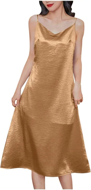 Satin Silk Midi Dress for Women Spaghetti Strap Cowl Neck Dresses Casual Fashion Ruched Evening Party Cocktail Dress