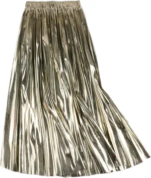 SEMATOMALA Women's Gold Pleated Maxi Skirt Accordion Elastic Waist Aline Swing Metallic Shiny Long Party Skirts