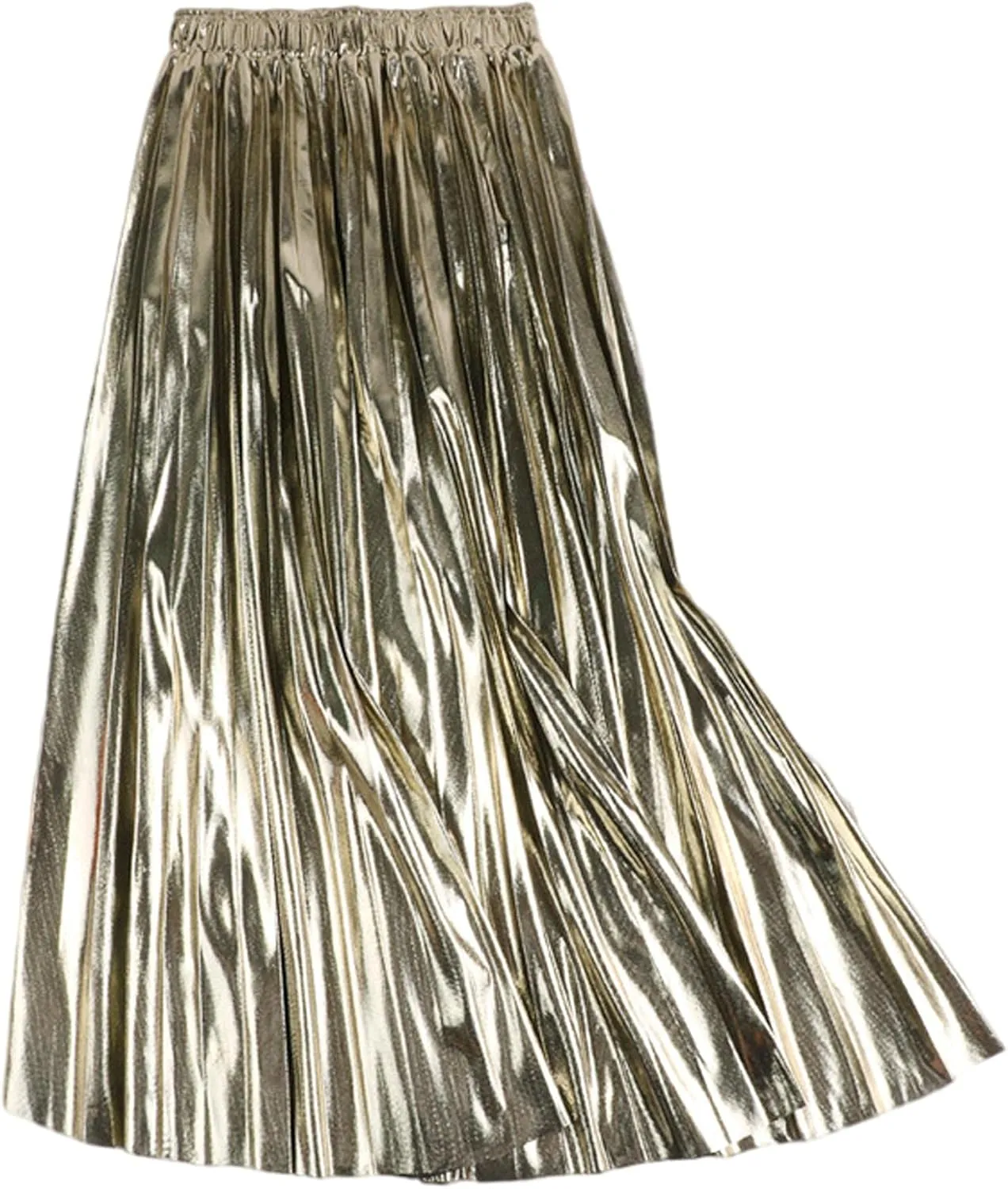 SEMATOMALA Women's Gold Pleated Maxi Skirt Accordion Elastic Waist Aline Swing Metallic Shiny Long Party Skirts