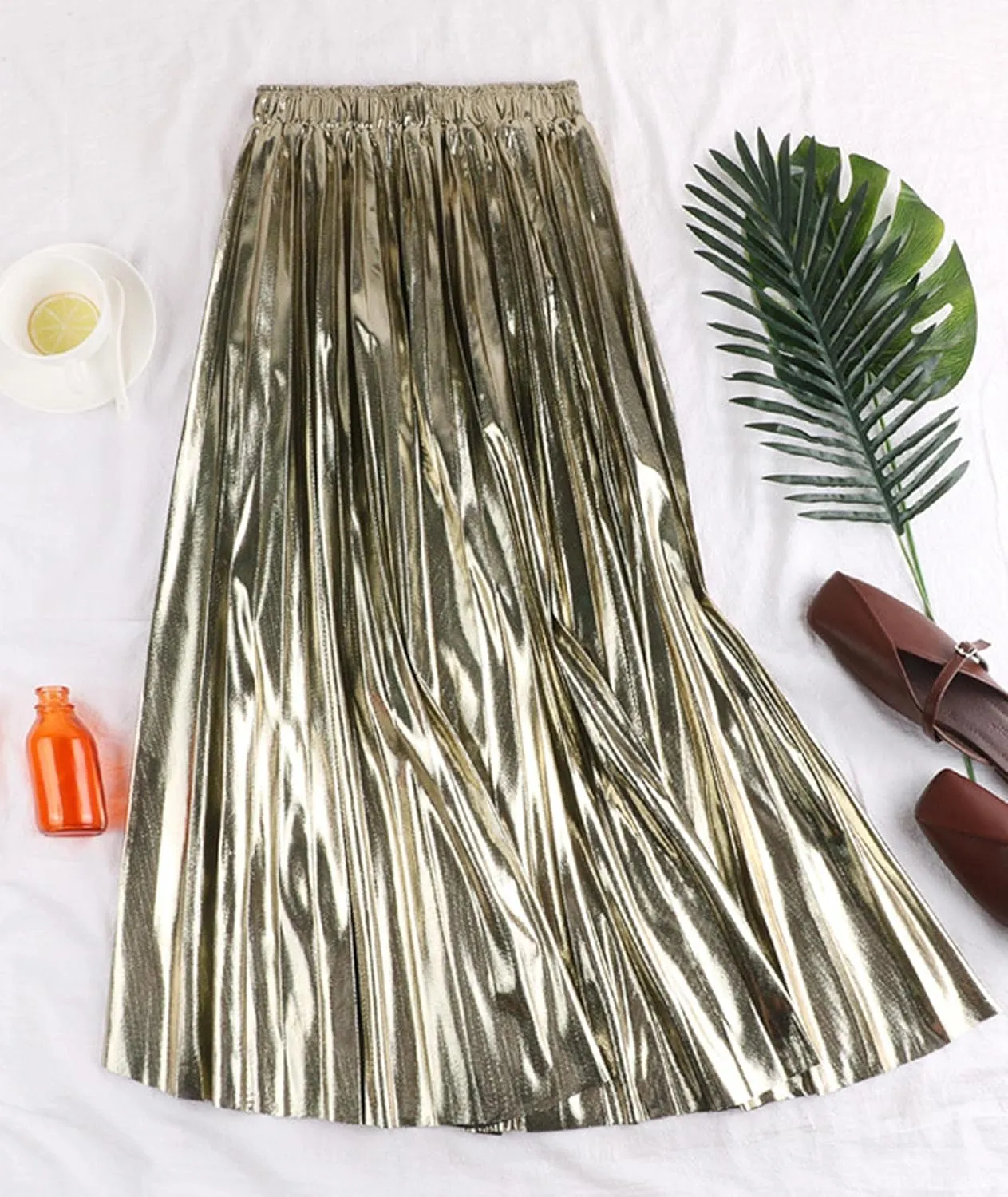 SEMATOMALA Women's Gold Pleated Maxi Skirt Accordion Elastic Waist Aline Swing Metallic Shiny Long Party Skirts