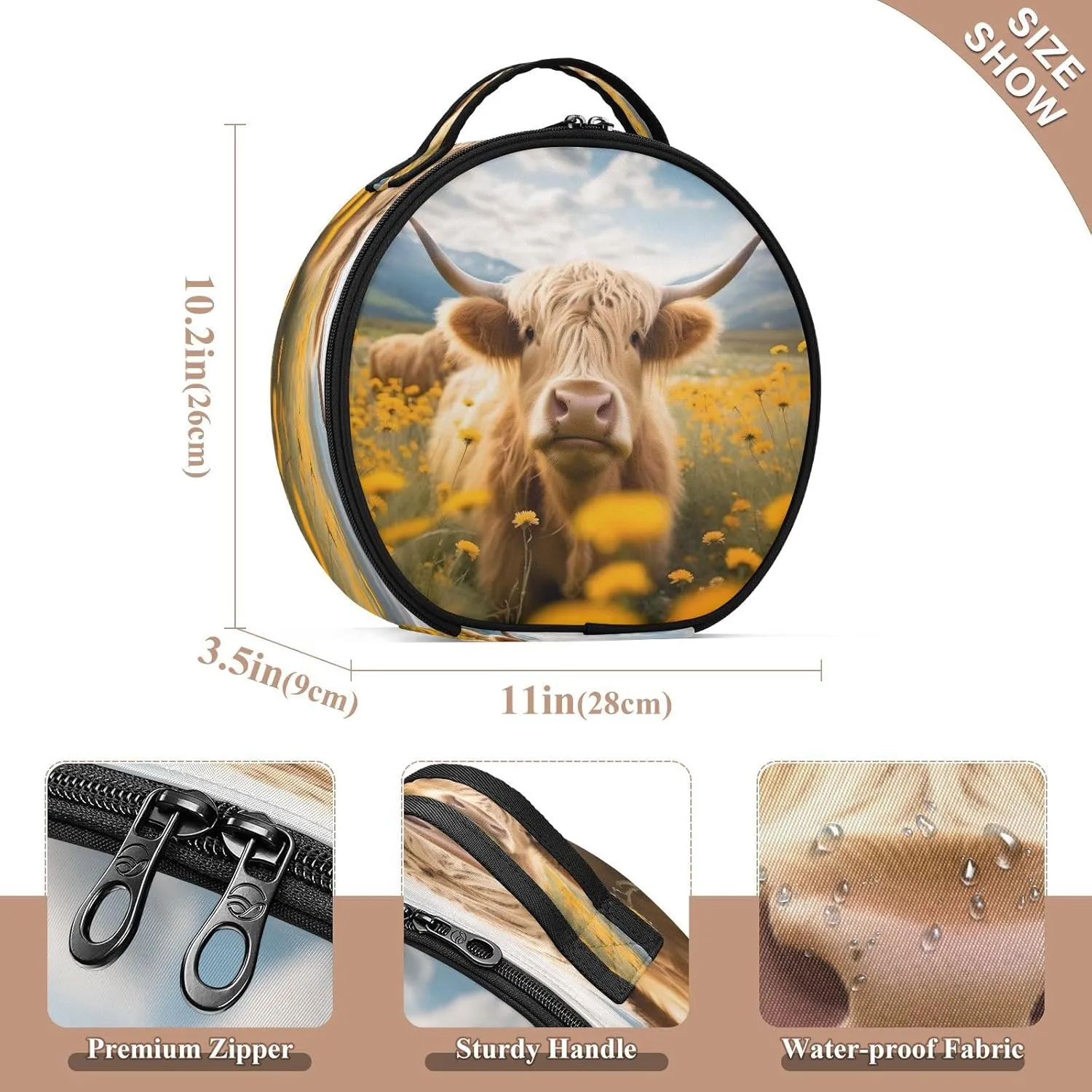 senya Round Cosmetic Pouch Travel Makeup Train Case Bull Flowers Makeup Organizer Bag with Adjustable Dividers Portable for Cosmetics Makeup Brushes Toiletry Jewelry Accessories