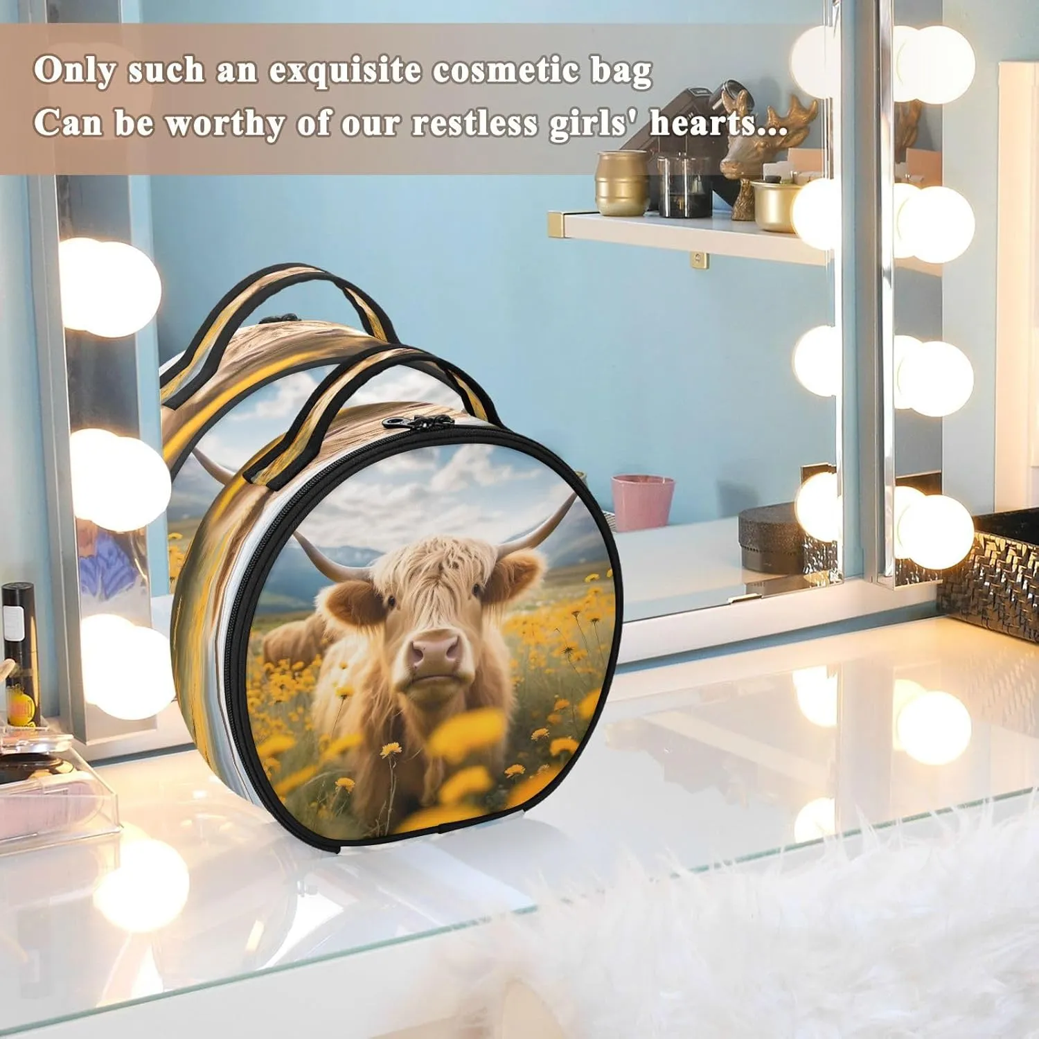 senya Round Cosmetic Pouch Travel Makeup Train Case Bull Flowers Makeup Organizer Bag with Adjustable Dividers Portable for Cosmetics Makeup Brushes Toiletry Jewelry Accessories