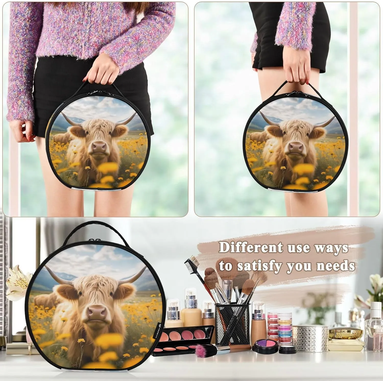 senya Round Cosmetic Pouch Travel Makeup Train Case Bull Flowers Makeup Organizer Bag with Adjustable Dividers Portable for Cosmetics Makeup Brushes Toiletry Jewelry Accessories