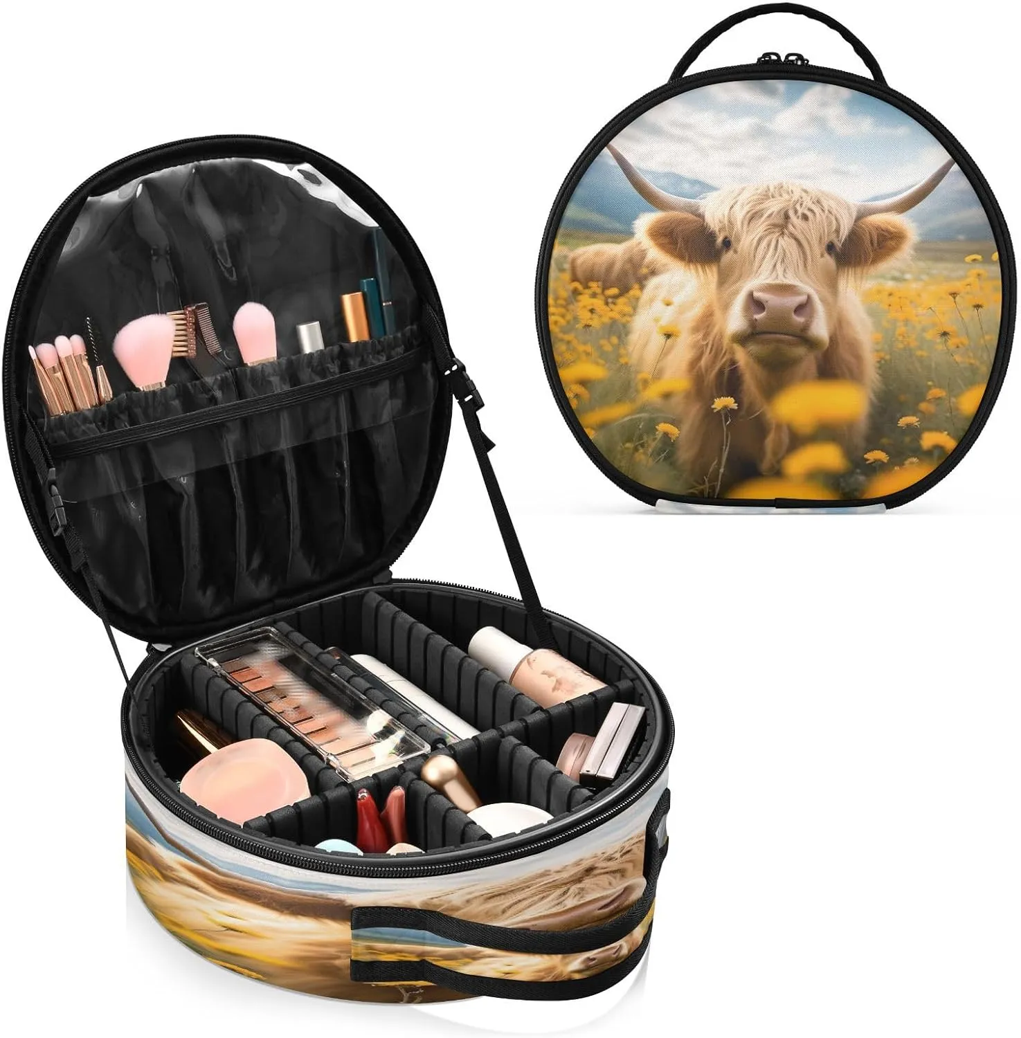 senya Round Cosmetic Pouch Travel Makeup Train Case Bull Flowers Makeup Organizer Bag with Adjustable Dividers Portable for Cosmetics Makeup Brushes Toiletry Jewelry Accessories