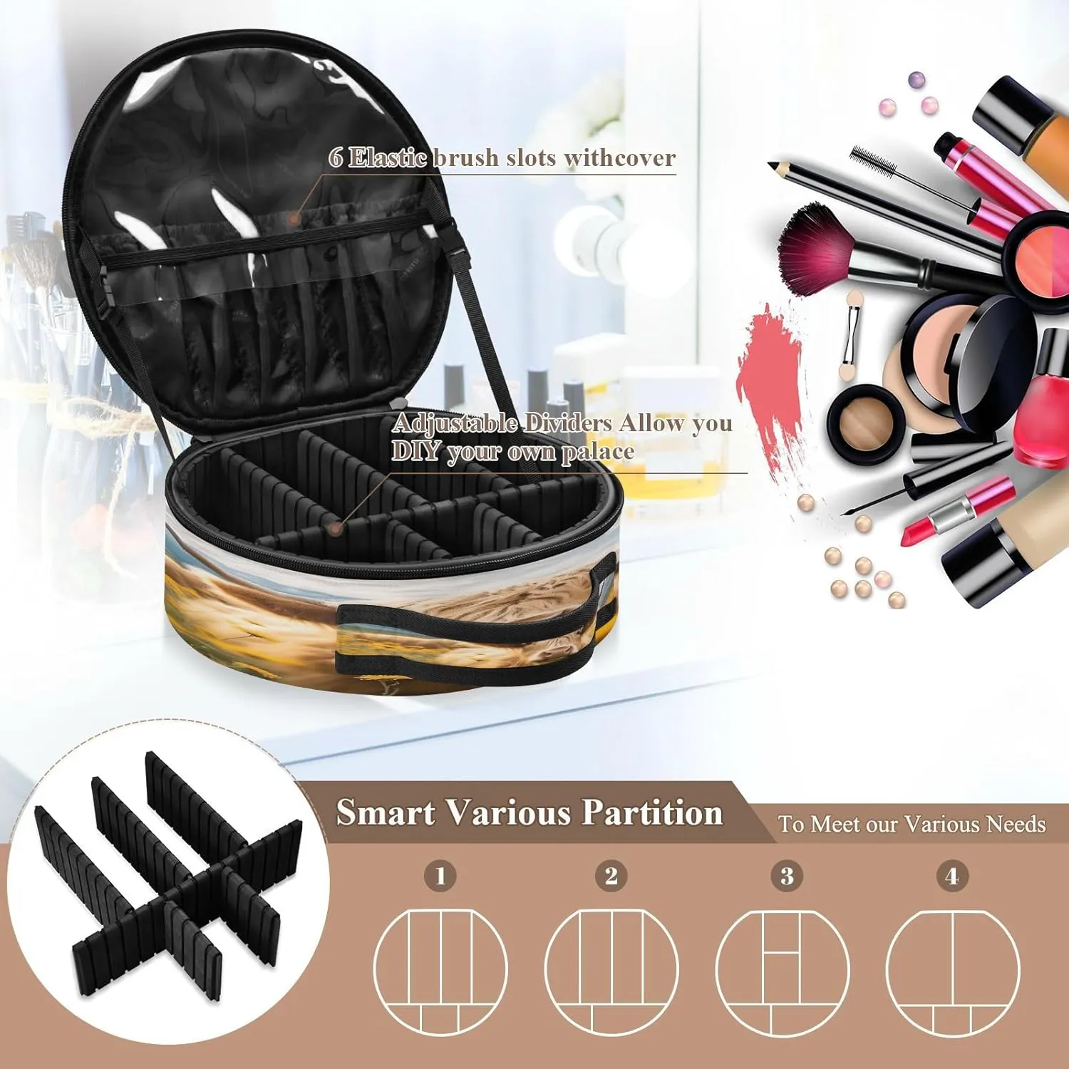 senya Round Cosmetic Pouch Travel Makeup Train Case Bull Flowers Makeup Organizer Bag with Adjustable Dividers Portable for Cosmetics Makeup Brushes Toiletry Jewelry Accessories