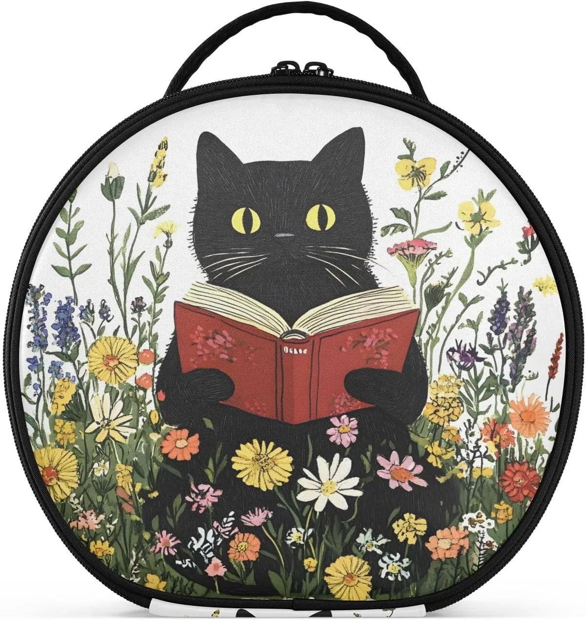 senya Round Cosmetic Pouch Travel Makeup Train Case Organizer Bag Portable Makeup Brushes Toiletry Jewelry Accessories Black Cat
