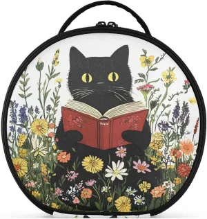 senya Round Cosmetic Pouch Travel Makeup Train Case Organizer Bag Portable Makeup Brushes Toiletry Jewelry Accessories Black Cat