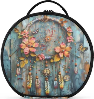 senya Round Cosmetic Pouch Travel Makeup Train Case Organizer Bag Portable Makeup Brushes Toiletry Jewelry Accessories Blue Wooden Dreamcatcher Pattern