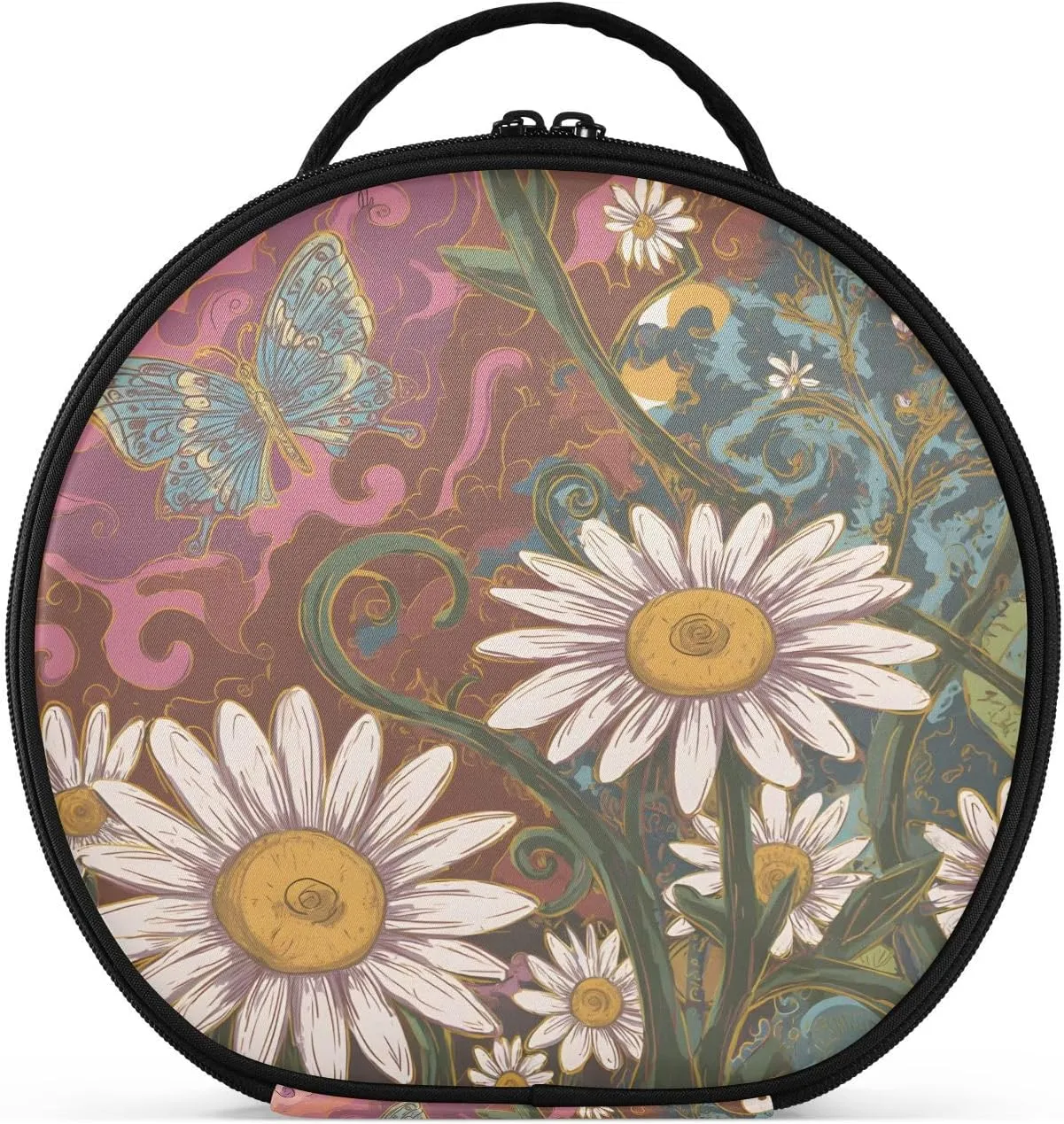 senya Round Cosmetic Pouch Travel Makeup Train Case Organizer Bag Portable Makeup Brushes Toiletry Jewelry Accessories Butterfly Daisy