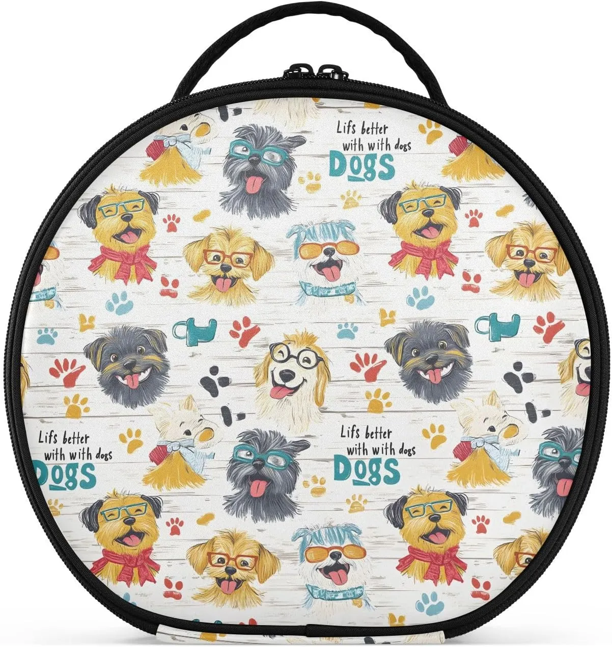 senya Round Cosmetic Pouch Travel Makeup Train Case Organizer Bag Portable Makeup Brushes Toiletry Jewelry Accessories Cartoon Dog Pattern