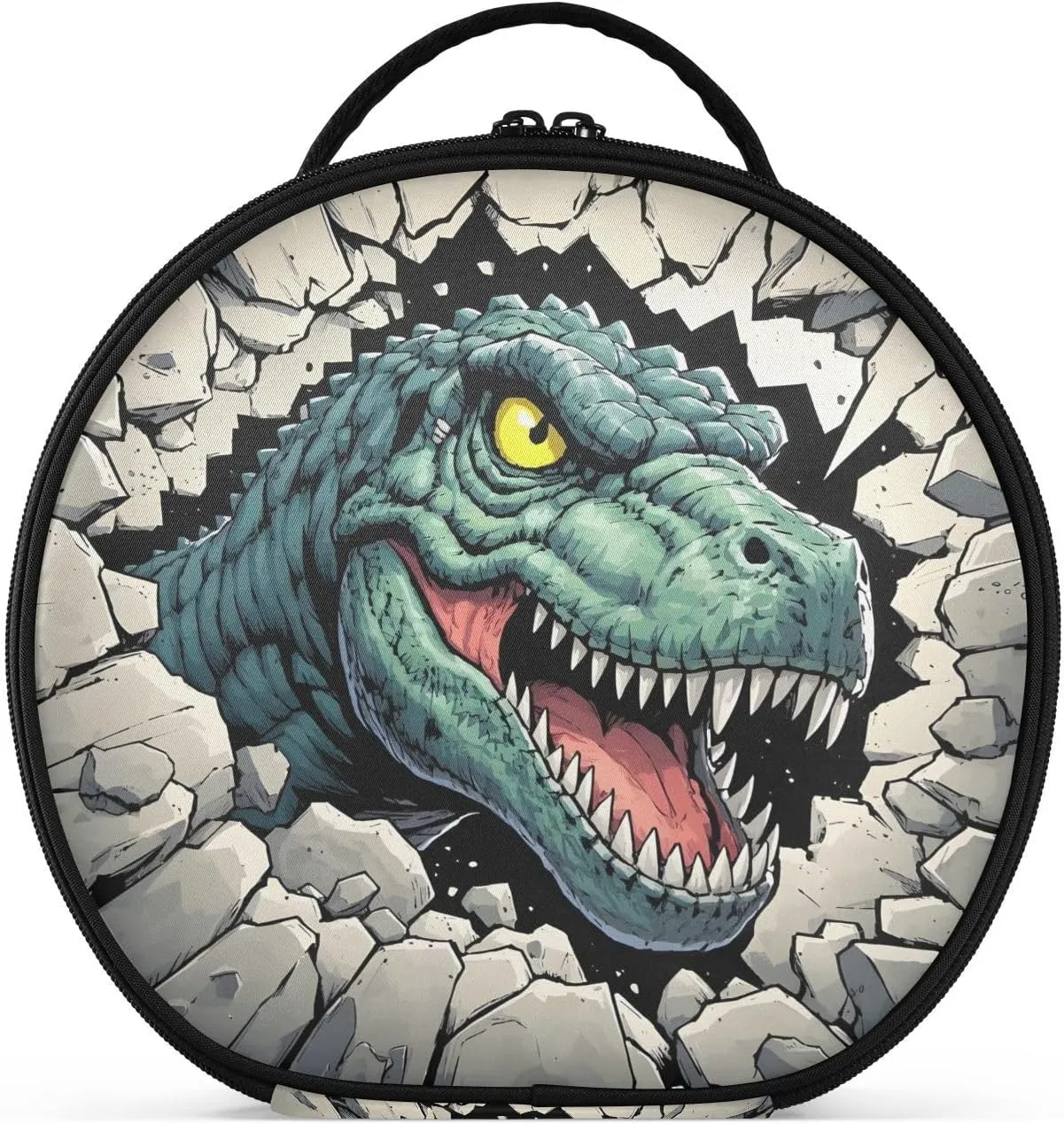 senya Round Cosmetic Pouch Travel Makeup Train Case Organizer Bag Portable Makeup Brushes Toiletry Jewelry Accessories Dinosaur Breaking Through Rocks