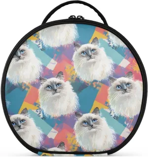 senya Round Cosmetic Pouch Travel Makeup Train Case Organizer Bag Portable Makeup Brushes Toiletry Jewelry Accessories Doodle Siamese Cat Pattern