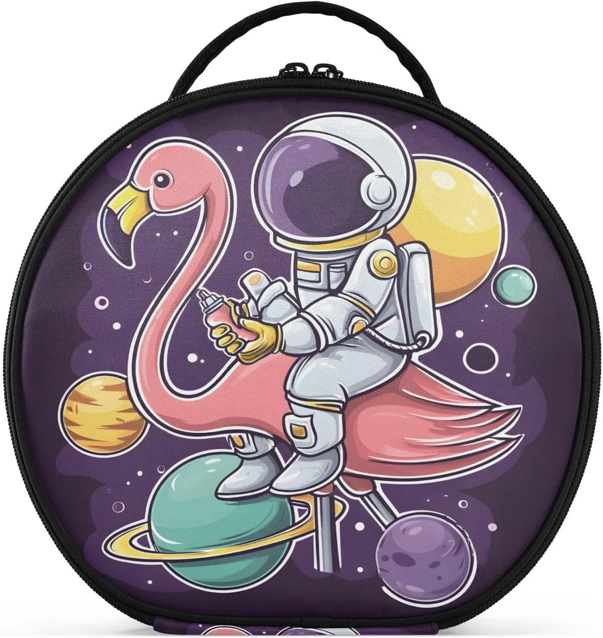 senya Round Cosmetic Pouch Travel Makeup Train Case Organizer Bag Portable Makeup Brushes Toiletry Jewelry Accessories Flamingo Planet Astronaut