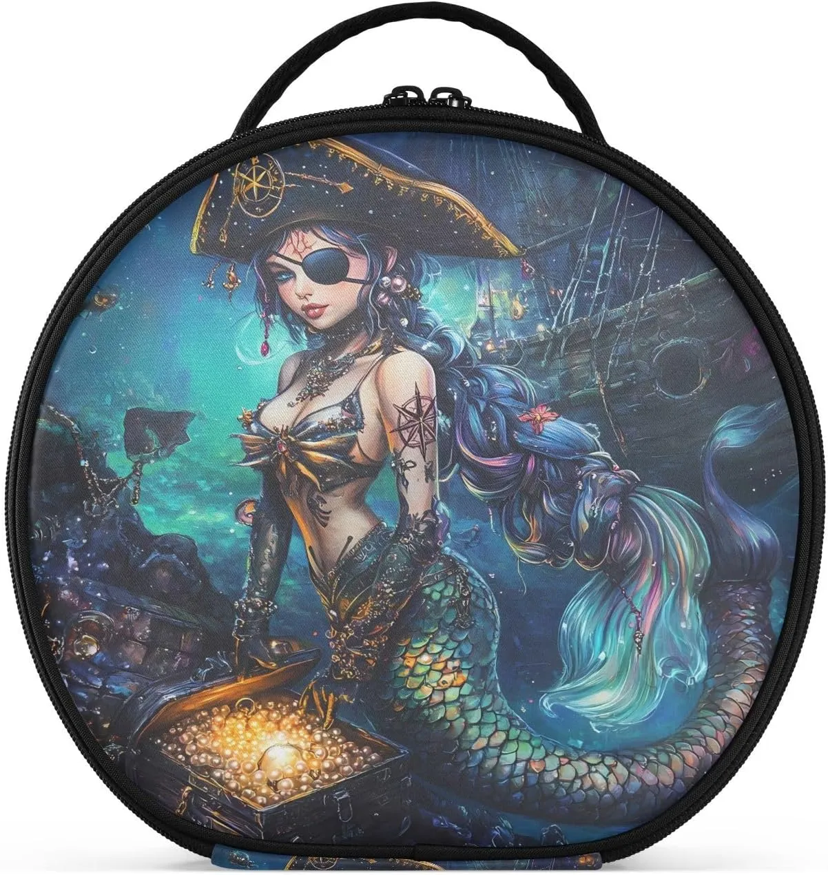 senya Round Cosmetic Pouch Travel Makeup Train Case Organizer Bag Portable Makeup Brushes Toiletry Jewelry Accessories Mermaid Pirate