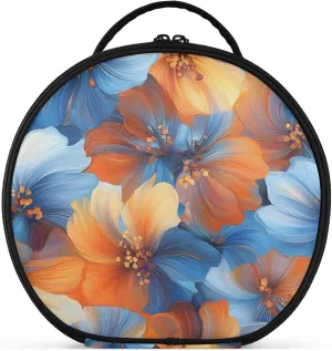 senya Round Cosmetic Pouch Travel Makeup Train Case Organizer Bag Portable Makeup Brushes Toiletry Jewelry Accessories Orange Blue Flowers Pattern
