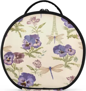 senya Round Cosmetic Pouch Travel Makeup Train Case Organizer Bag Portable Makeup Brushes Toiletry Jewelry Accessories Pansies Cherry Dragonflies Flower Pattern