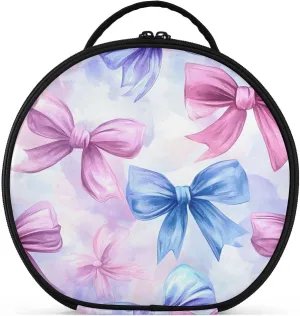 senya Round Cosmetic Pouch Travel Makeup Train Case Organizer Bag Portable Makeup Brushes Toiletry Jewelry Accessories Pink Blue Bow Pattern