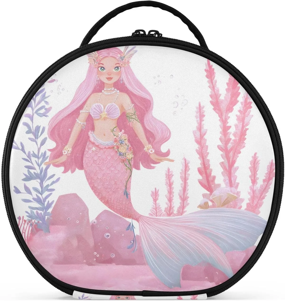 senya Round Cosmetic Pouch Travel Makeup Train Case Organizer Bag Portable Makeup Brushes Toiletry Jewelry Accessories Pink Mermaid