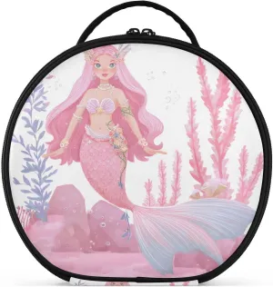 senya Round Cosmetic Pouch Travel Makeup Train Case Organizer Bag Portable Makeup Brushes Toiletry Jewelry Accessories Pink Mermaid