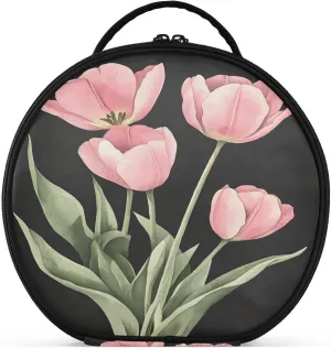 senya Round Cosmetic Pouch Travel Makeup Train Case Organizer Bag Portable Makeup Brushes Toiletry Jewelry Accessories Pink Tulips