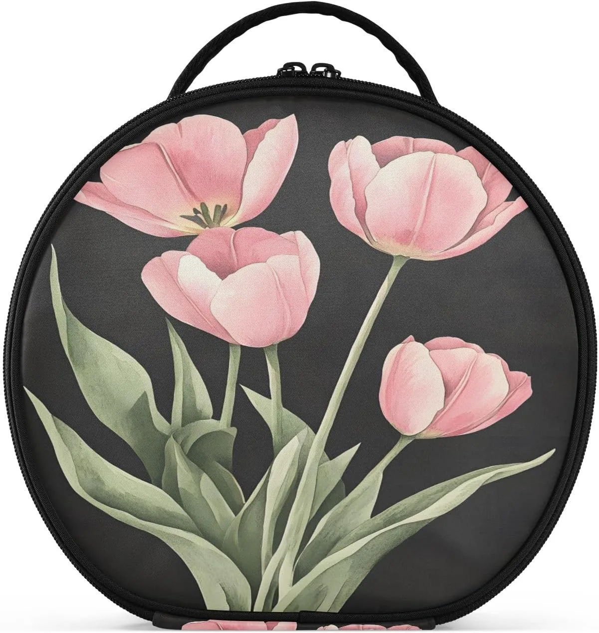 senya Round Cosmetic Pouch Travel Makeup Train Case Organizer Bag Portable Makeup Brushes Toiletry Jewelry Accessories Pink Tulips