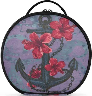senya Round Cosmetic Pouch Travel Makeup Train Case Organizer Bag Portable Makeup Brushes Toiletry Jewelry Accessories Red Flower Boat Anchor