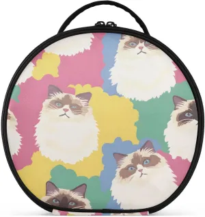 senya Round Cosmetic Pouch Travel Makeup Train Case Organizer Bag Portable Makeup Brushes Toiletry Jewelry Accessories Siamese Cat Pattern
