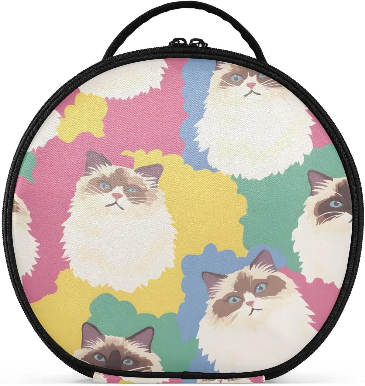 senya Round Cosmetic Pouch Travel Makeup Train Case Organizer Bag Portable Makeup Brushes Toiletry Jewelry Accessories Siamese Cat Pattern