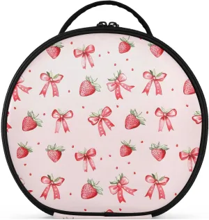 senya Round Cosmetic Pouch Travel Makeup Train Case Organizer Bag Portable Makeup Brushes Toiletry Jewelry Accessories Strawberries Bows Pattern