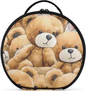 senya Round Cosmetic Pouch Travel Makeup Train Case Organizer Bag Portable Makeup Brushes Toiletry Jewelry Accessories Teddy Bear Pattern