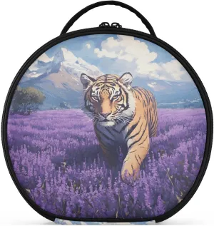 senya Round Cosmetic Pouch Travel Makeup Train Case Organizer Bag Portable Makeup Brushes Toiletry Jewelry Accessories Tiger Purple Flower Field