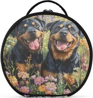 senya Round Cosmetic Pouch Travel Makeup Train Case Organizer Bag Portable Makeup Brushes Toiletry Jewelry Accessories Two Rotweiler