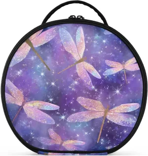 senya Round Cosmetic Pouch Travel Makeup Train Case Organizer Bag Portable Makeup Brushes Toiletry Jewelry Accessories Whimsical Dragonflies Pattern