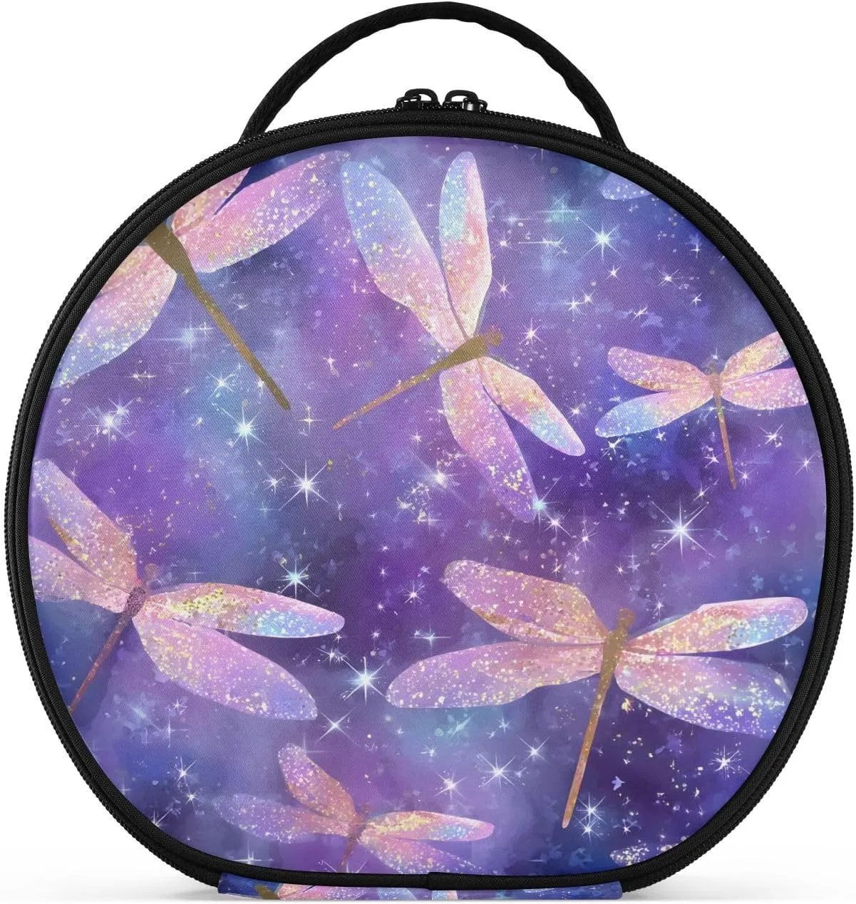 senya Round Cosmetic Pouch Travel Makeup Train Case Organizer Bag Portable Makeup Brushes Toiletry Jewelry Accessories Whimsical Dragonflies Pattern