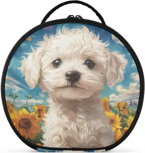 senya Round Cosmetic Pouch Travel Makeup Train Case Organizer Bag Portable Makeup Brushes Toiletry Jewelry Accessories White Dog Sunflower