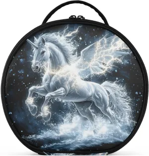 senya Round Cosmetic Pouch Travel Makeup Train Case Organizer Bag Portable Makeup Brushes Toiletry Jewelry Accessories White Horse Lightning Wings
