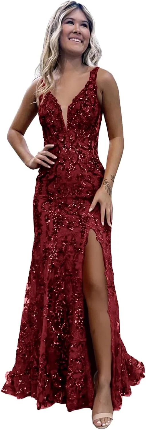 Sequin Prom Dresses 2025 for Women Long Mermaid V Neck Evening Dress Straps Side Slit Party Gown
