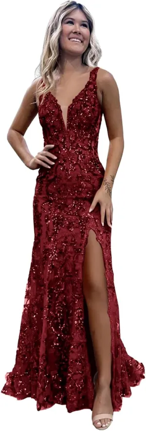 Sequin Prom Dresses 2025 for Women Long Mermaid V Neck Evening Dress Straps Side Slit Party Gown