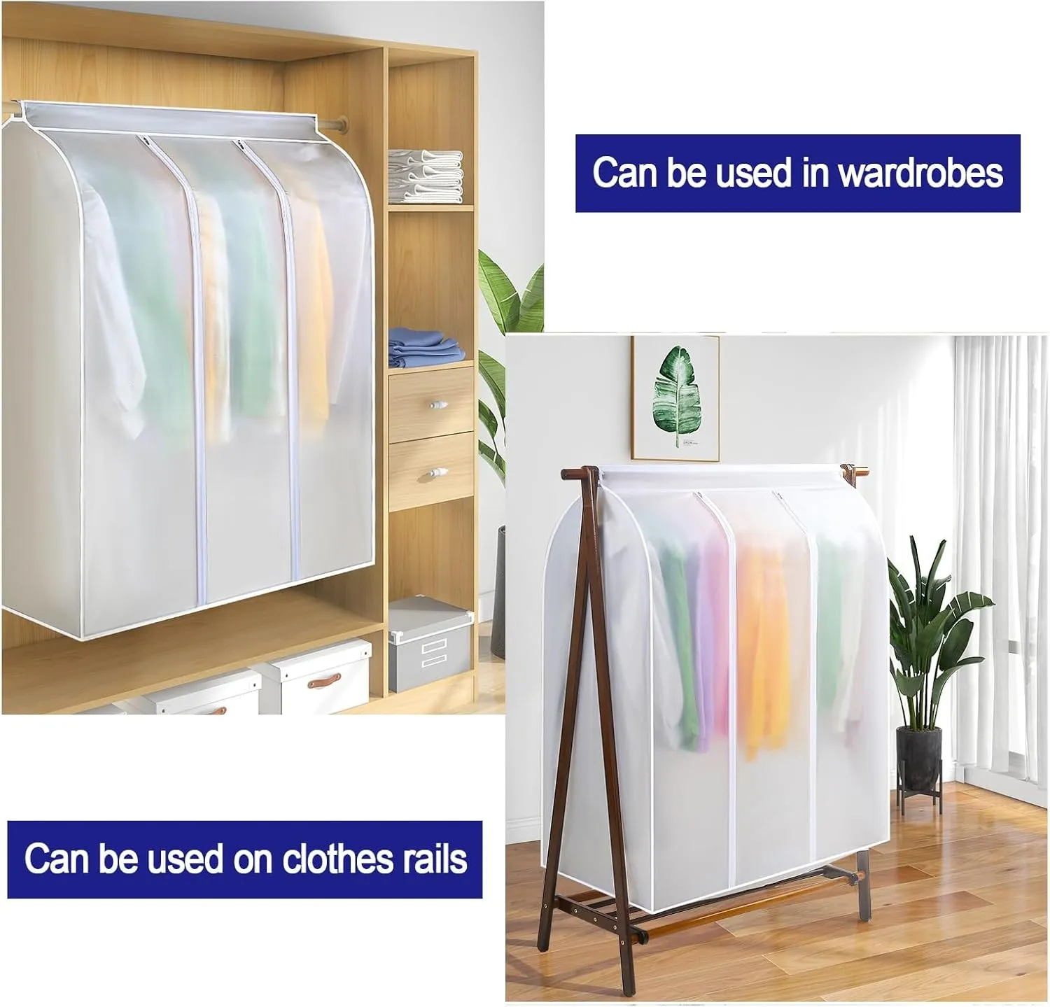 Set of 2 Clear Hanging Garment Bags for Closet Storage, Translucent Hanging Storage Bag for Wardrobe with Full Zipper(30x50x90cm)
