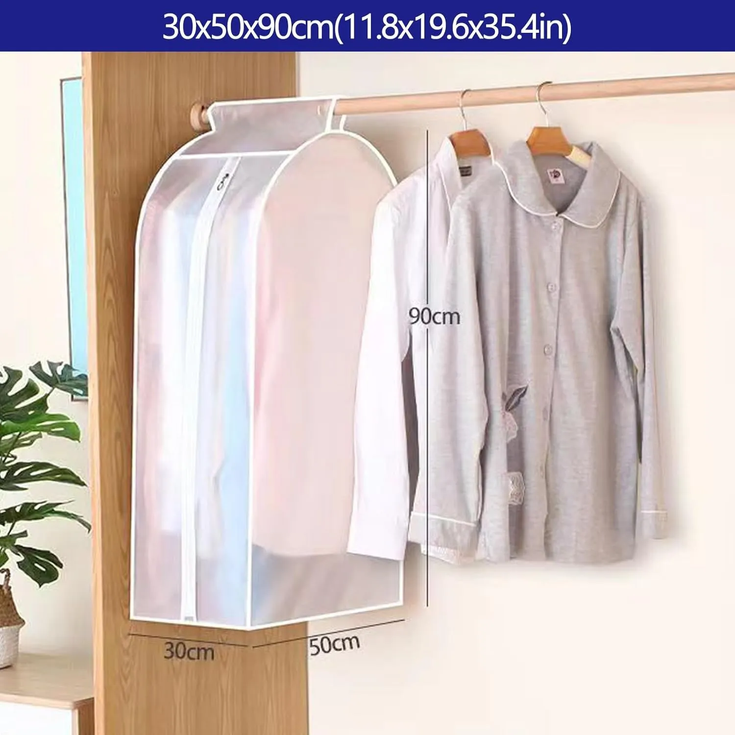 Set of 2 Clear Hanging Garment Bags for Closet Storage, Translucent Hanging Storage Bag for Wardrobe with Full Zipper(30x50x90cm)