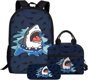Shark Backpack for Boys Kids Book Bag and Lunch Box Set Cute Pencil Case 3 Piece Backpack Set for Boys Toddler to Elementary School Insulated Lunch Bag School Supplies Included