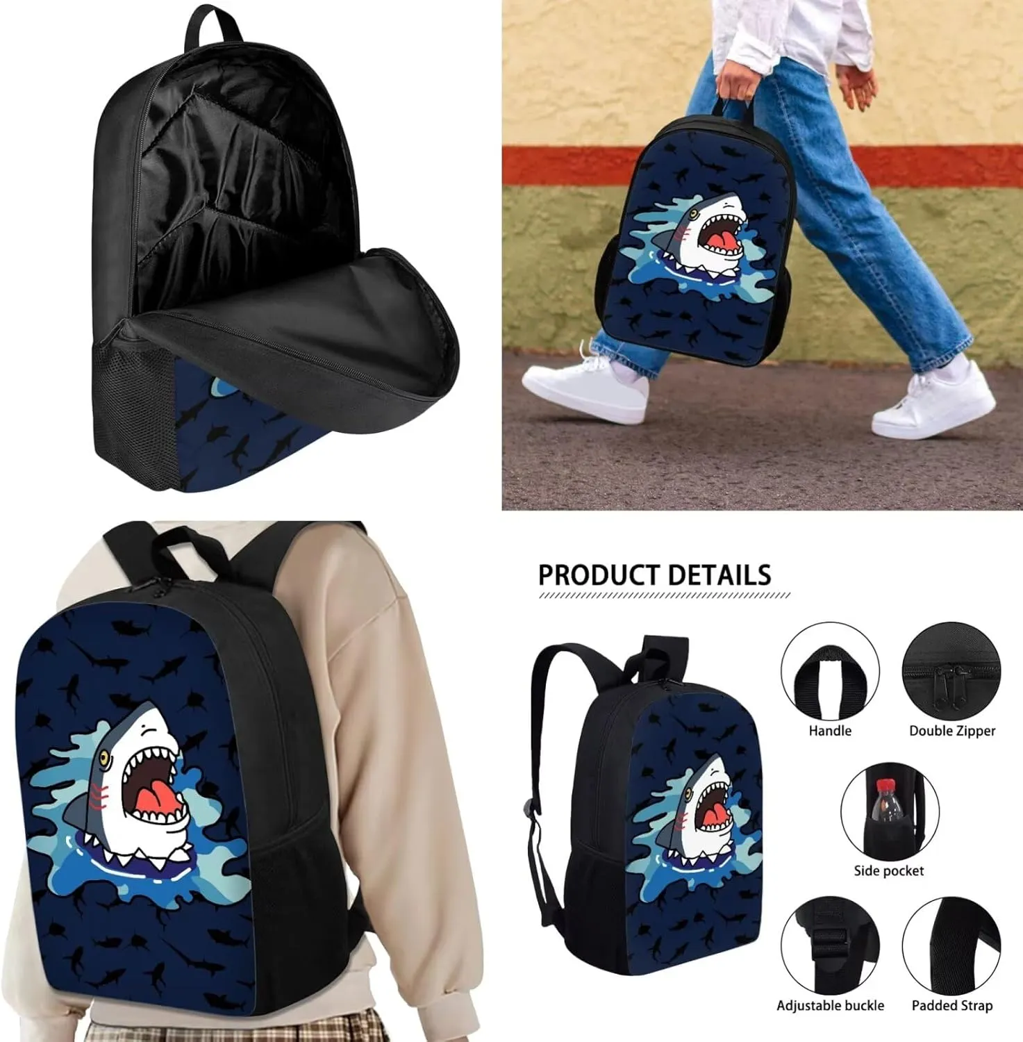 Shark Backpack for Boys Kids Book Bag and Lunch Box Set Cute Pencil Case 3 Piece Backpack Set for Boys Toddler to Elementary School Insulated Lunch Bag School Supplies Included